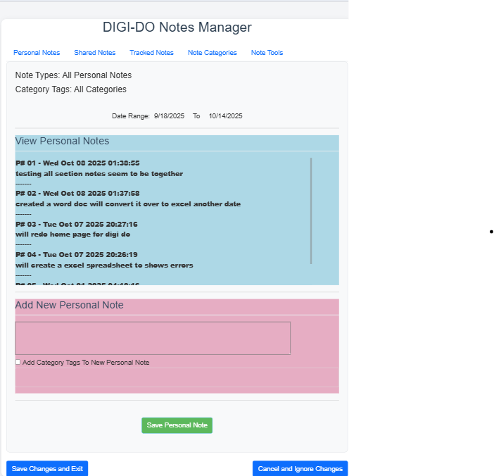 DigiDo notes manager with private demo content hidden